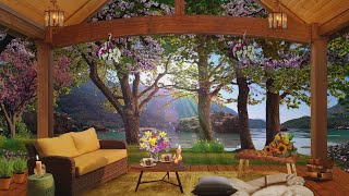 Cozy Cabin Porch Ambience | Spring Ambience  with  Cherry Blossoms | Water Sounds and Bird Song