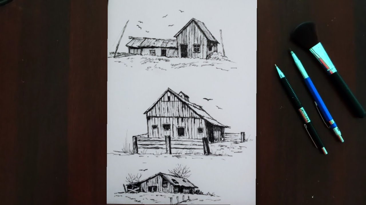 How to Draw Old Barns with Easy Way // Step by Step Drawing Tutorial for Beginners 