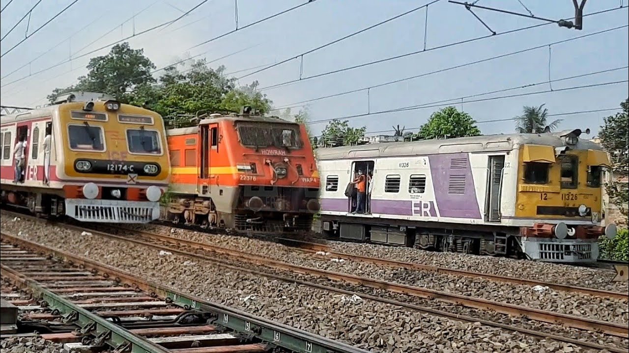 Train traffic crossing ICF Medha & old emu local train train | indian railway