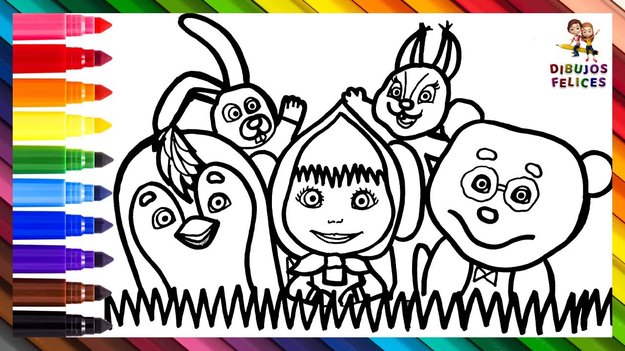 Dibuja y Colorea A Masha Con Sus Amigos 👧🏼🐼🐧🐰🐿️ Dibujos Para Niños - YouTube lamina-masha-y-el-oso-personajes-la-casa-repostera