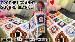 Crocheting a granny square blanket!🧶 Premier Yarns Minikins Chenille