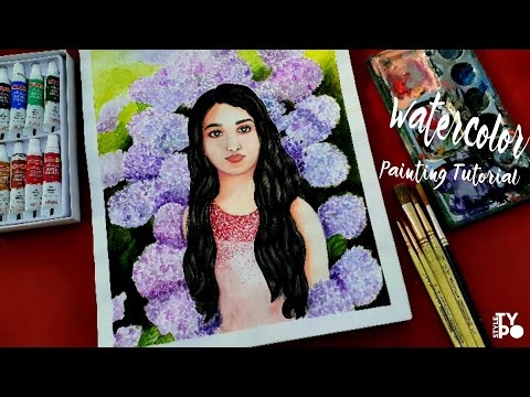 Beautiful Woman with Hydrangea Flowers in Watercolor Painting