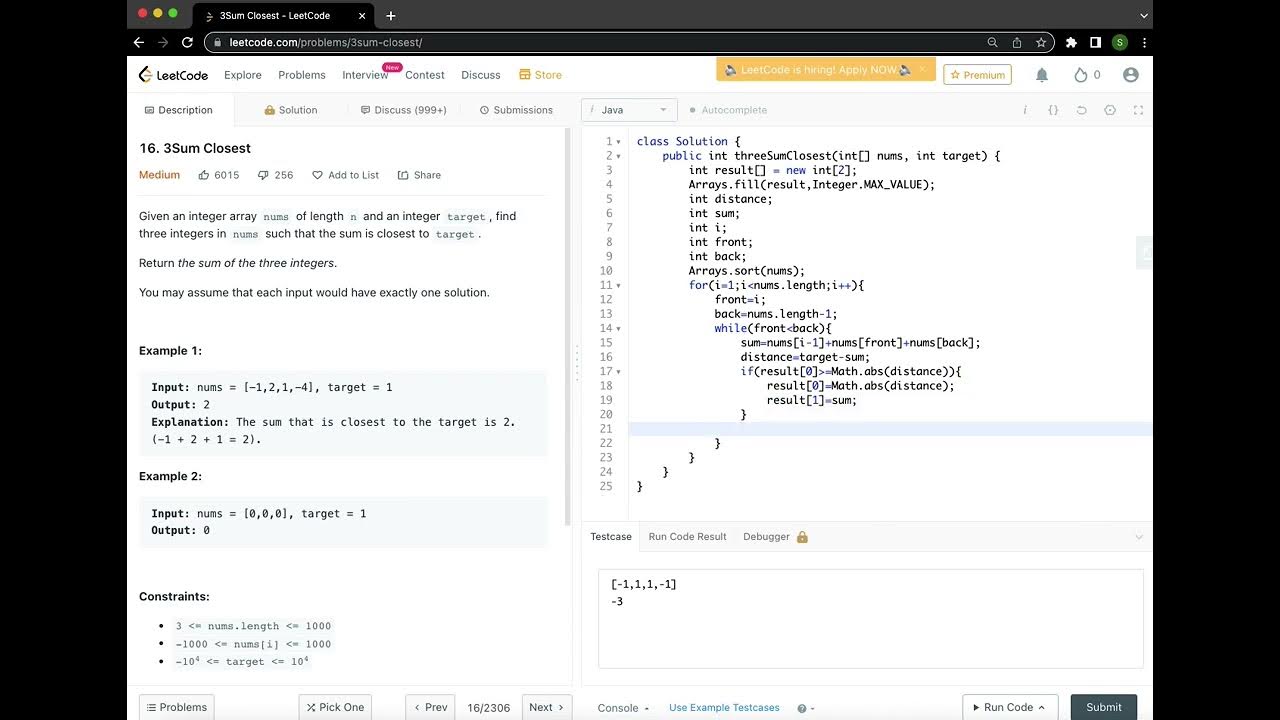 3Sum Closest leetcode question solution in Java - YouTube