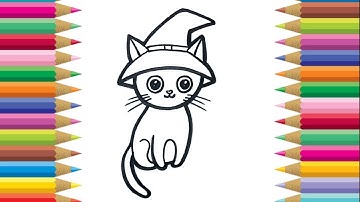 How To Draw A Black Cat With A Witch Hat | Easy Drawings Of Cute Things And Animals Easy To Draw