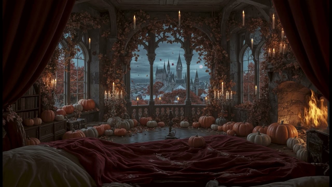 No Ads, No Music,10 hour, Medieval Autumn Castle Ambience, Rainy Night,  Fireplace, Cozy Castle View