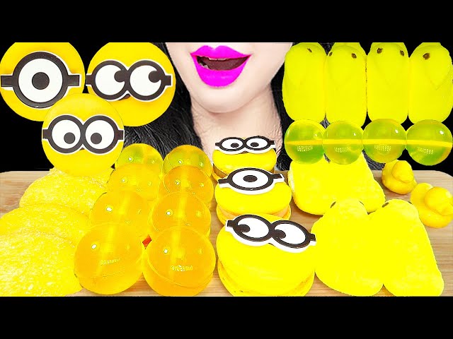 ASMR YELLOW DESSERT, MINIONS, CHICKEN, 미니언 마카롱, 마쉬멜로우, 젤리 먹방 EATING SOUNDS