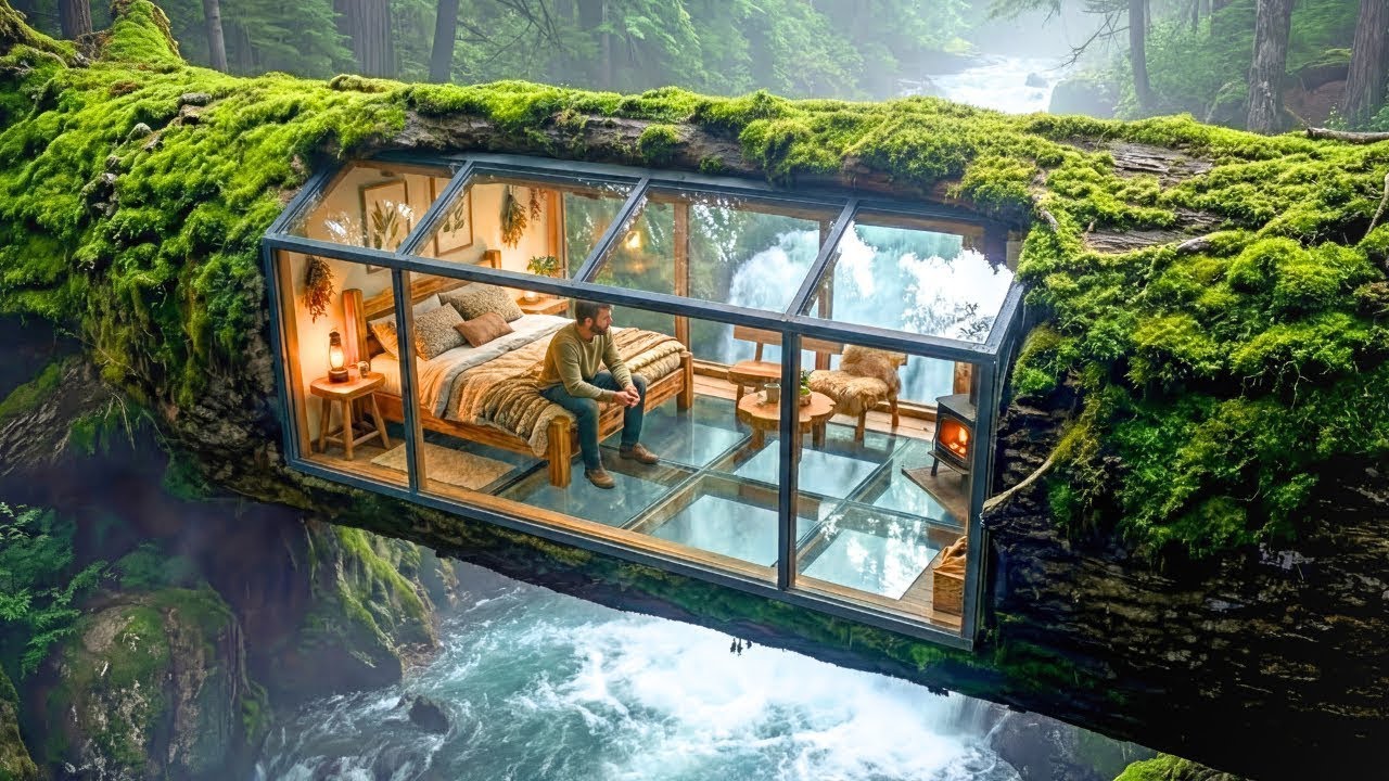 Building A Secret Room Inside A Tree Trunk Over A Waterfall (ASMR)