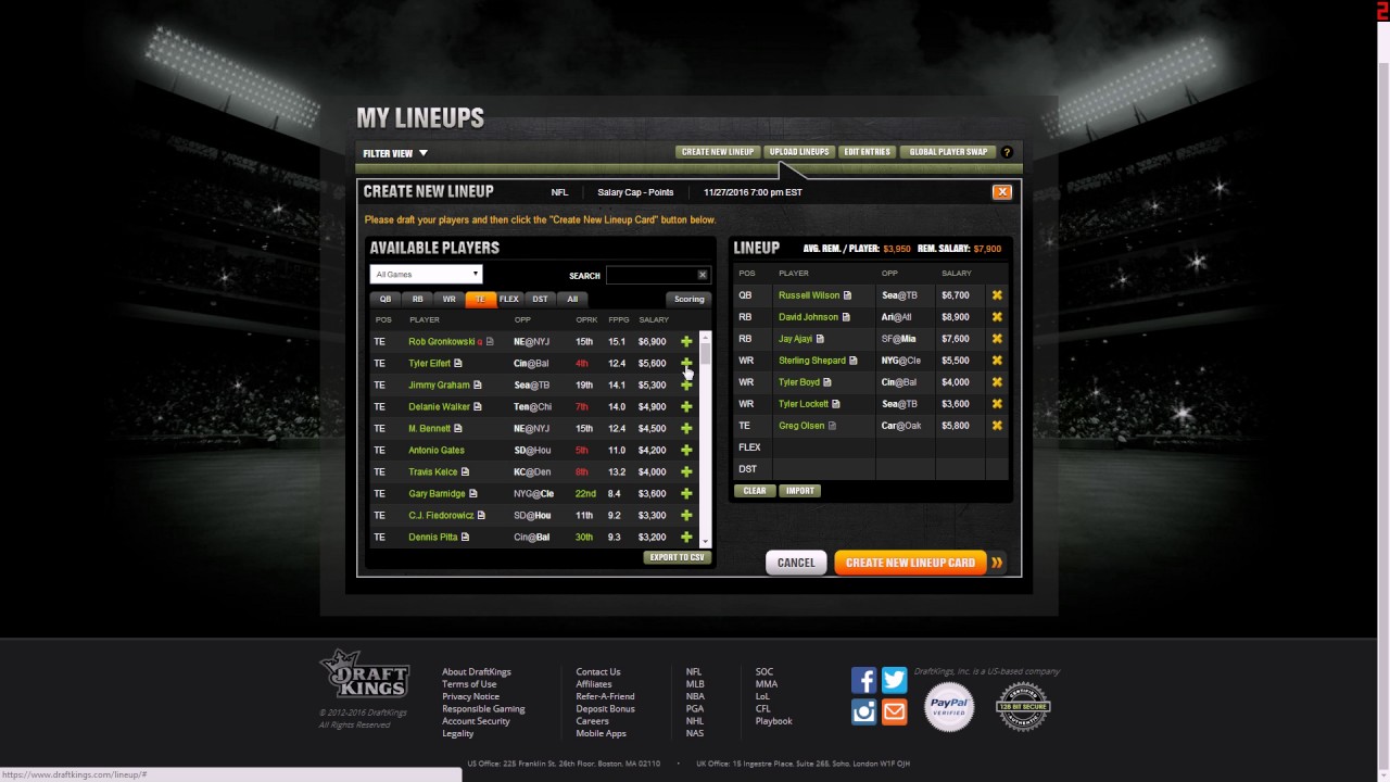 Draftkings Week 6 Lineup