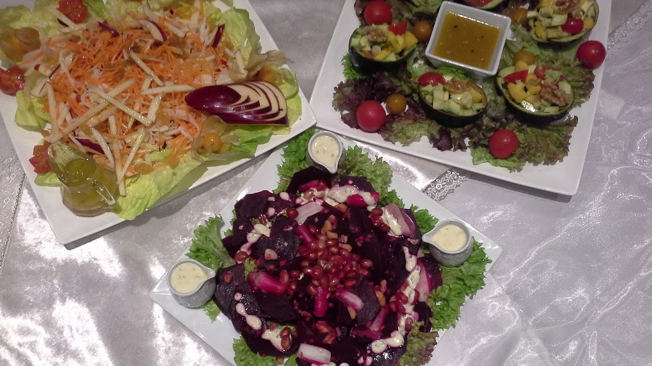 Trio de salades exotiquesتلاتة اشكال من السلطات بالخضر والفواكه مع طرقة تحضير الصلصات المرافقة