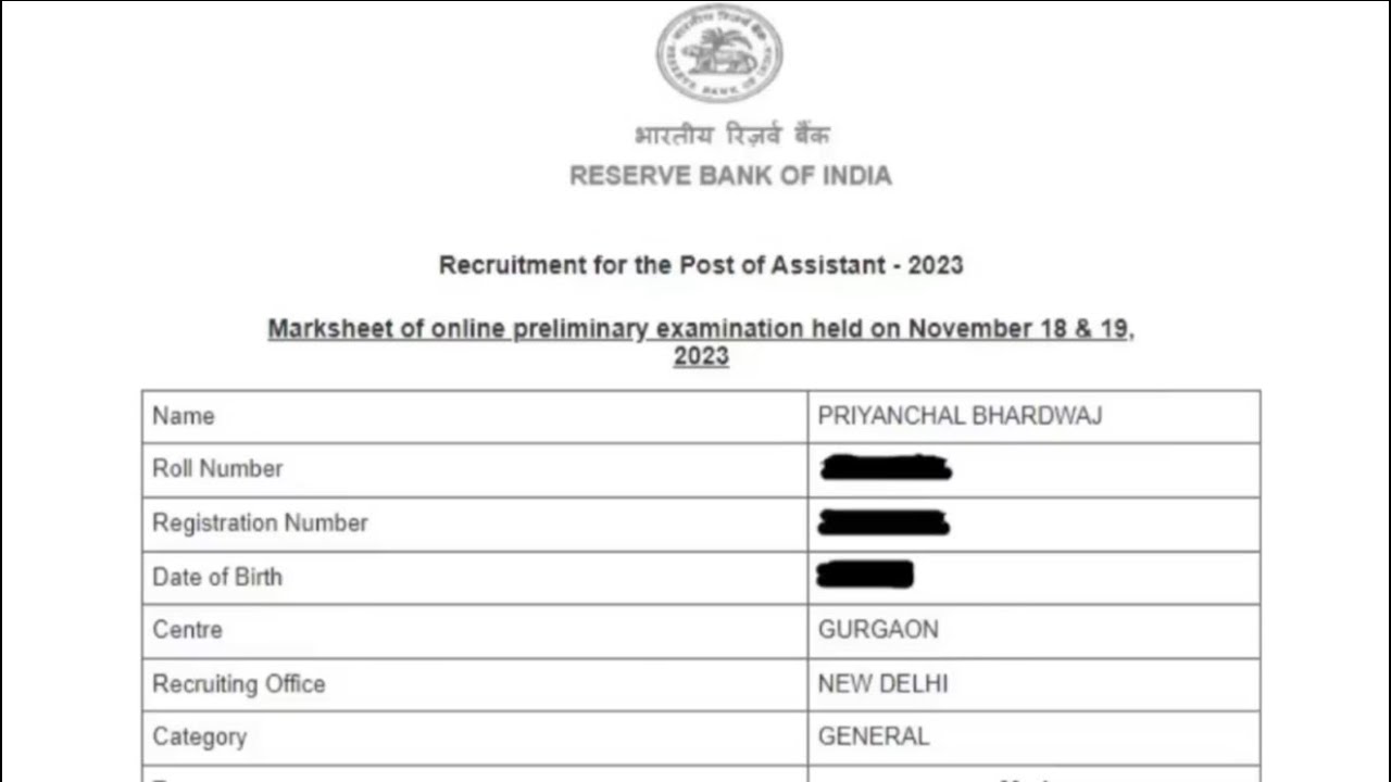 My RBI Assistant Prelims Last Year Scorecard 