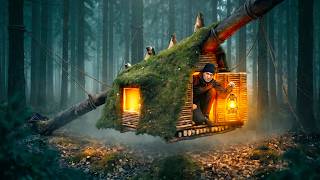 Building a Warm Survival Shelter on a Fallen Tree | Winter Bushcraft Camping | Treehouse