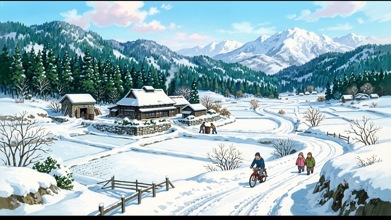 Die Stille des gefrorenen Sees: Eisfischen und gebratener Fisch mit dem Vater | Ghibli-Stil