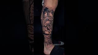Spartan leg sleeve started. To book text 317-771-8564 #indianapolistattoo #spartan #legsleeve