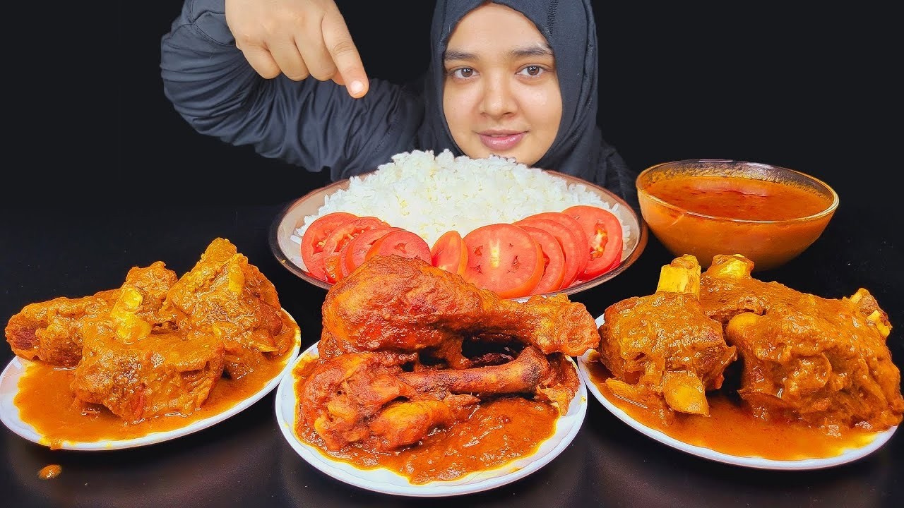 BIG BITES, EATING SPICY MUTTON CURRY, CHICKEN LEG KALA BHUNA, MUTTON GRAVY, MUTTON EATING WITH RICE