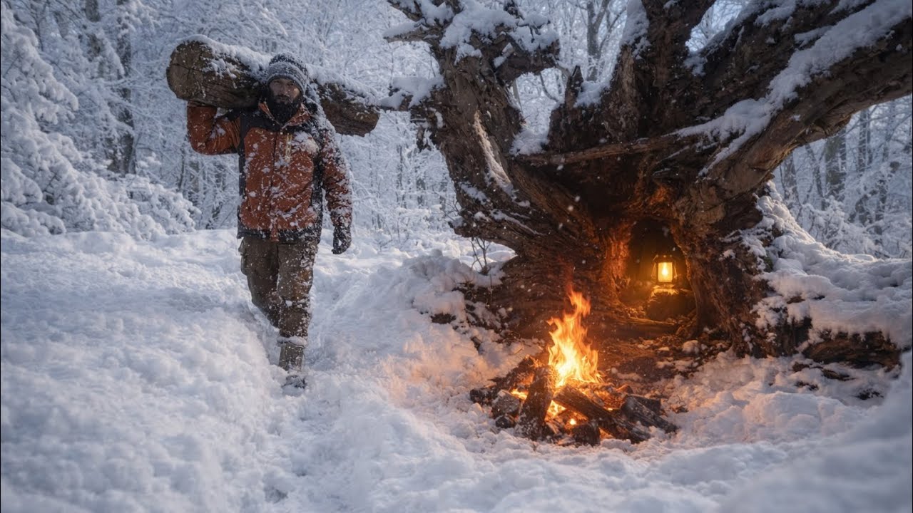 Bushcraft in a snowstorm: How I built a shelter inside tree trunk to hide in