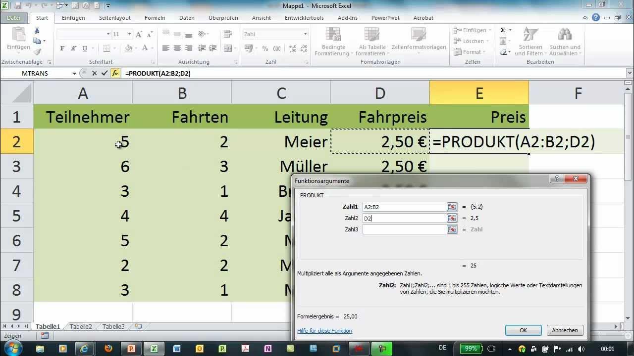 Excel PRODUKT markierte Werte multiplizieren YouTube