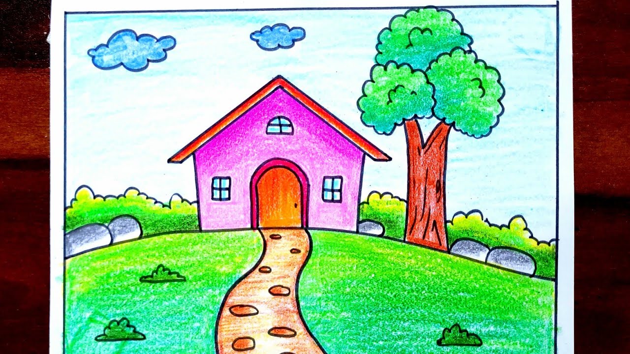 Simple House Scenery | Scenery Drawing For Kids | How to Draw Easy ...
