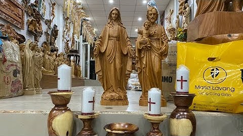 #115 Bộ Tượng Gỗ Công Giáo Đức Mẹ Ban Ơn & Thánh Chúa Giuse Bế Chúa Con