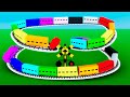 【踏切アニメ】2つのらせん状線路を走り、ふえるカラフルな電車【カンカン】Railroad Crossing Train Animation