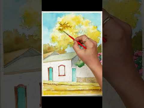 #shorts Basic Landscape Watercolor- House in autumn ( color name <strong>view</strong>, <strong>Arches</strong>)