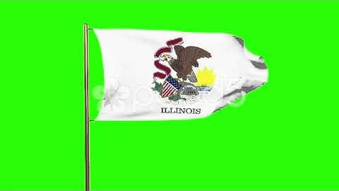Illinois Flag Waving In The Wind. Green Screen, Alpha Matte. Loopable Animation