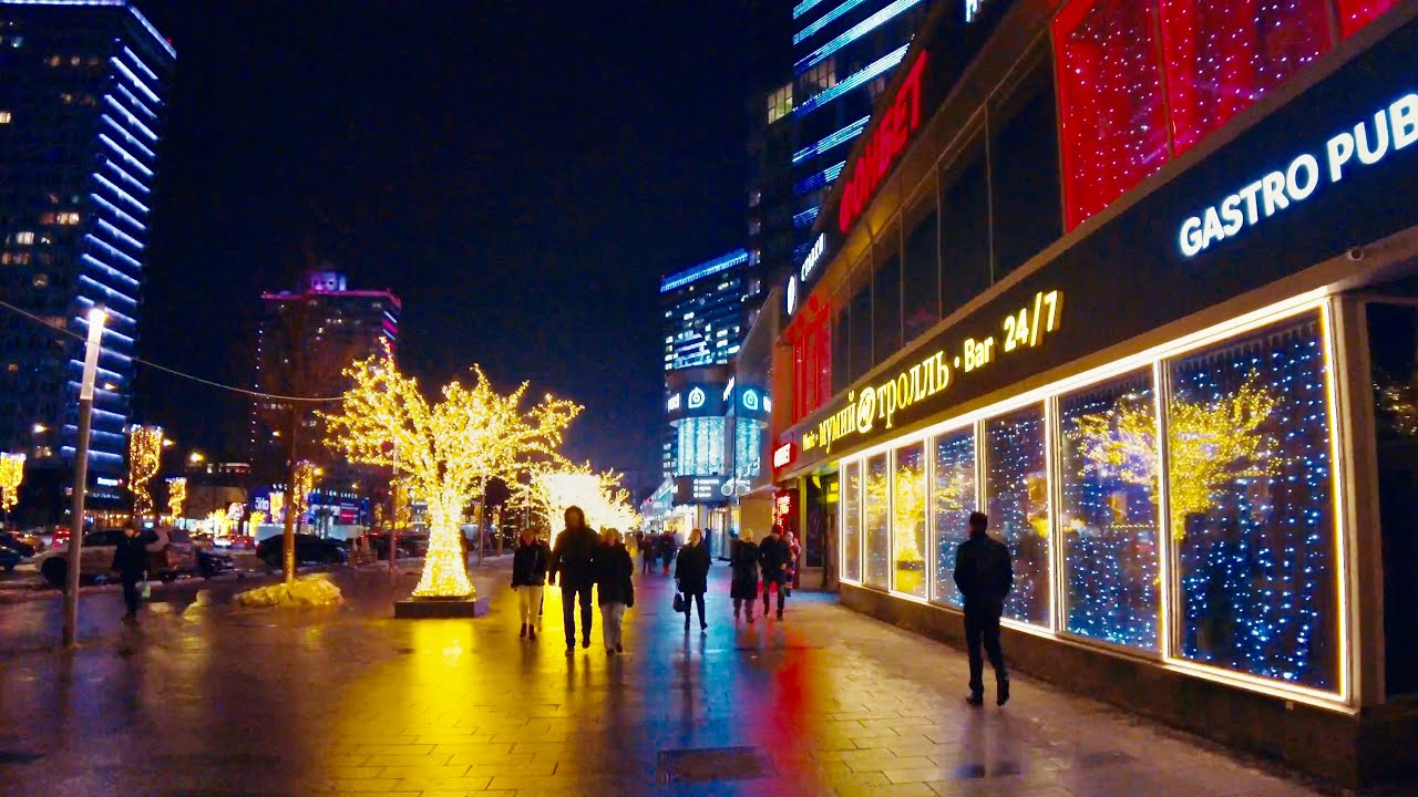Moscow Christmas Walk 🎄New Arbat Ave.  Christmas Lights Walking Tour 🔆Battle of Lights