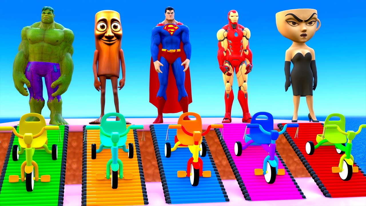 Playing as Spiderman in Long Slide Game with Cow Elephant Gorilla Hippo Tiger Funny 3d Animal Game