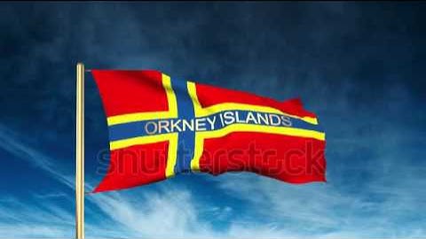 Orkney Islands flag slider style with title. Waving in the wind with cloud background animation