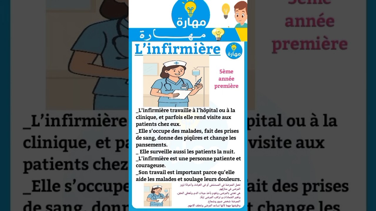 تعبير كتابي عن الممرضة  l'infirmière السنة الخامسة ابتدائي