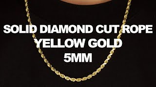 LoveBling Yellow Gold 5mm Solid Diamond Cut Rope Chain Necklace with Lobster Lock (16" - 30")