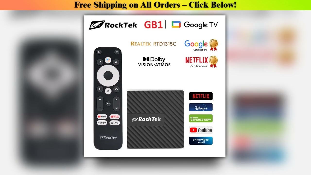 RockTek GB1 TV Dongle Netflix Google Certified 2GB DDR4 16GB eMMC Realtek1315C A55 Support Dolby
