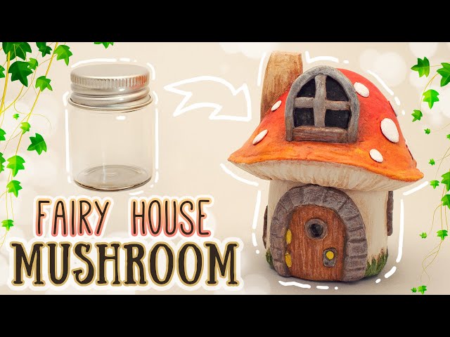 🍄 Mushroom House Made with Clay Over Glass Jar 🍄 (diy air dry