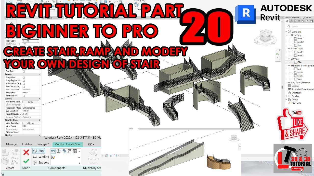 REVIT TUTORIAL PART BIGINNER TO PRO 20: CREATE YOUR OWN STAIR, RAMP AND RAILING