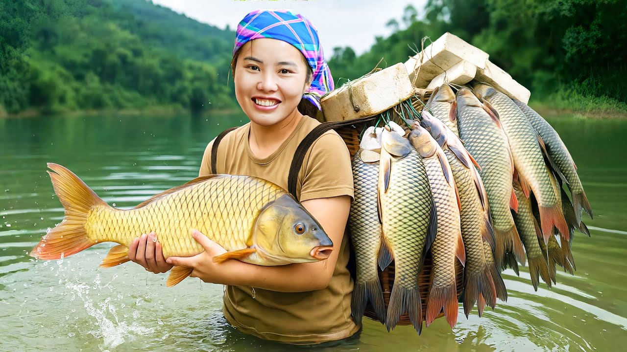 Hand-catching 1000+ giant carp & catfish in the mud pond to sell at the fish market with my family