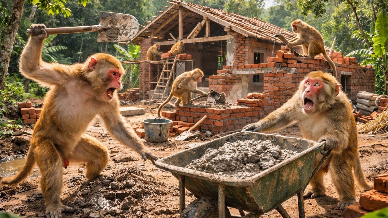 Monkeys Unite to Build a Shelter in the Wild | When Animals Cooperate – Monkeys Building a House |