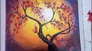 This is a beautiful tree painting decorated with flowers., #colors
used here are: , 423 titanium white, 394 scarlet lake(red), 236 lemon
yellow, 045 cadmium 016 black, 031 burnt sienna, 242 ...