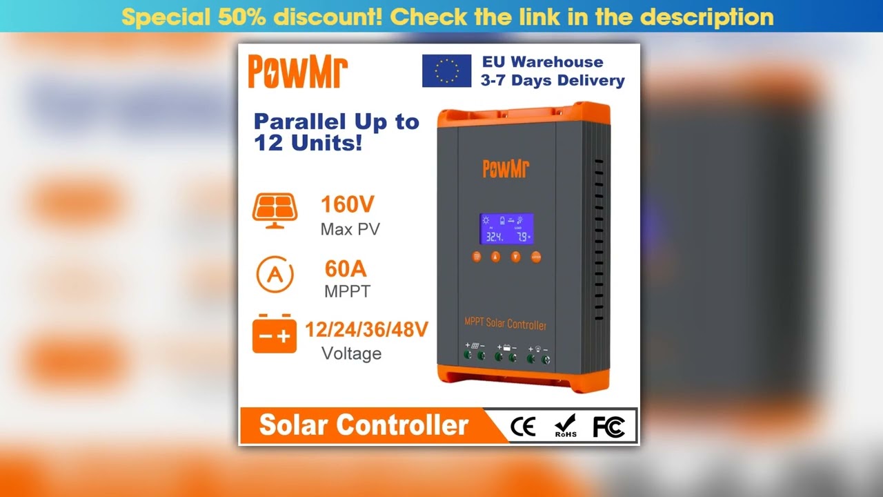 PowMr MPPT 60A Solar Charge Controller Solar Panels Regulator 12V 24V 36V 48V Parallel Up 12 Units