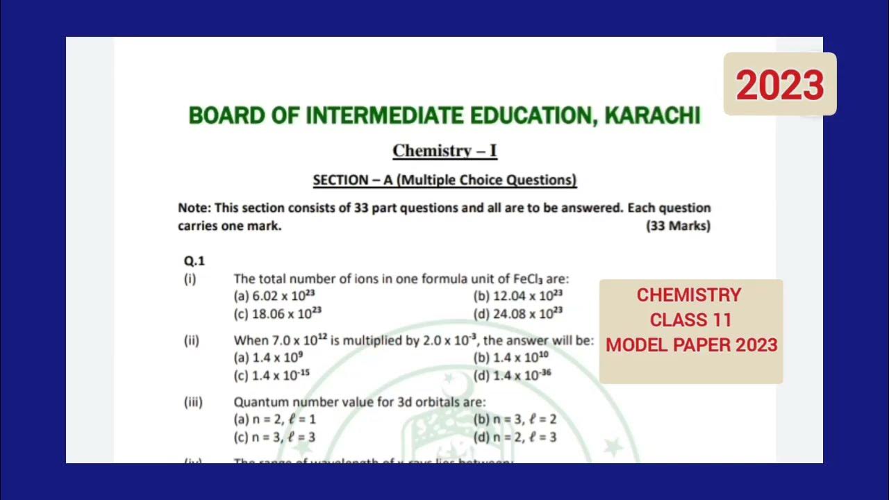 CHEMISTRY CLASS 11 MODEL PAPER 2023/BOARD OF INTERMEDIATE EDUCATION