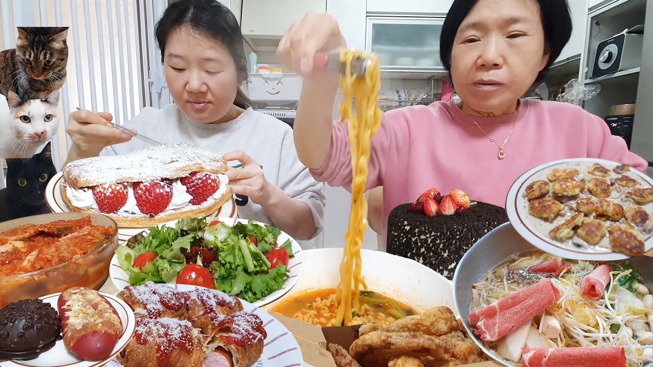 [먹방 브이로그] 언니 생일잔치🎂 소고기 샤브샤브,구운 감자뇨끼,치킨,청경채 라면,치즈케이크,크로와상 핫도그, 생크림빵 (feat.성묘 합사 부분격리)