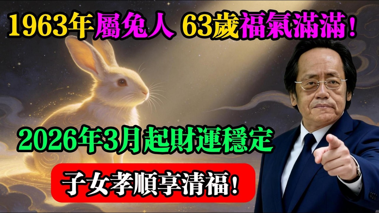 1963年屬兔人，63歲福氣滿滿！2026年3月起財運穩定，子女孝順享清福！#倪海廈 #屬兔運勢 #1963癸卯兔 #生肖運勢 #2026丙午年 #命理分析 #子女運 #流年財運 #易經 #國學智慧