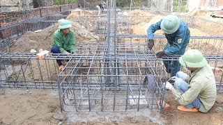 Construction Traditional Beam Foundation || Techniques Install Iron Bars For Beam Column