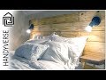 Diy pallet headboard with dimmable lighting and floating shelves