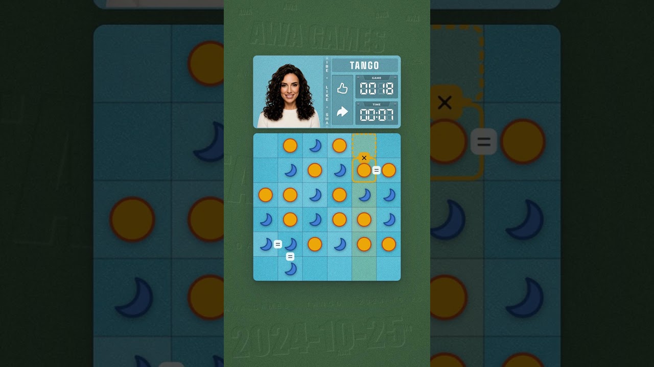 LinkedIn Tango #18 solved board for October 25, 2024, 6x6 grid