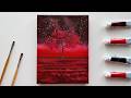 Red Tree and Glowing Sky | Acrylic Landscape Painting Tutorial