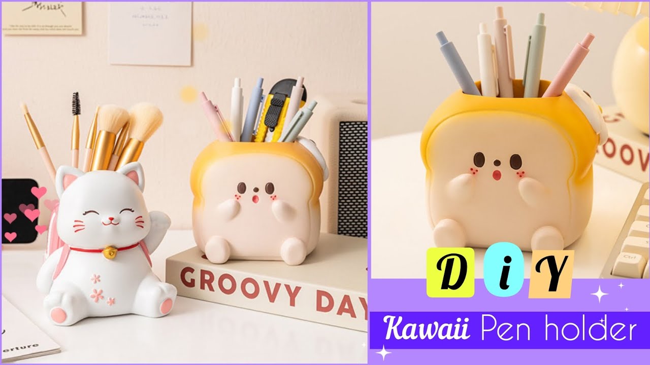 DIY Kawaii Pen holder 💜/ How to make easy pen holder / Stationery item ...