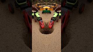 Green tractor pushing red car and truck infrount autorickshaw and jcb into pit #jcbvideo #tractor