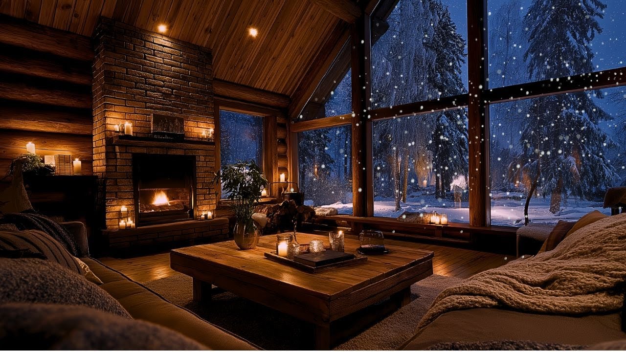 Quiet Cabin Calm Jazz 🔥 Fireplace & Snowy Forest Window Ambience