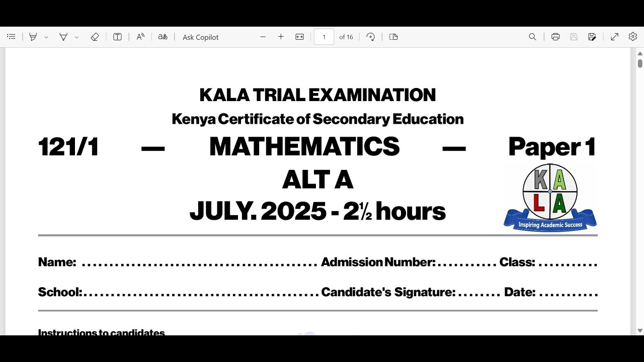 KALA( KENYA HIGH, ALLIANCE HIGH, LENANA SCHOOL & ALLIANCE GIRLS) TRAIL EXAMINATION - MATHS 121/1