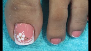 DISEÑO DE UÑAS FLOR Y FRANCES PARA PIES FACIL DE HACER - FLOWER NAIL ART - FRENCH NAIL ART - NLC