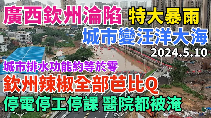 广西钦州特大暴雨，城市沦陷变汪洋大海，城市排水功能约等于零，内涝严重。钦州辣椒全部被浸泡在水里，农民损失惨重。停电停工停课，医院都被淹了。#水灾 #洪水 #暴雨 #城市排水 - 天天要闻